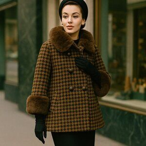 VINTAGE 1950's Mid Century Mink Trimmed Wool Bouclé Double Breasted Swing Coat